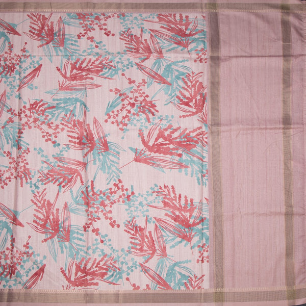 Raw Silk Baby Pink Leaf Printed Saree