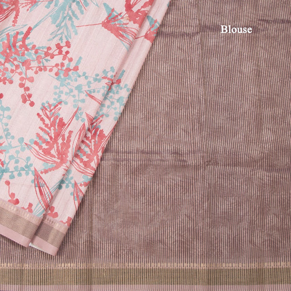 Raw Silk Baby Pink Leaf Printed Saree