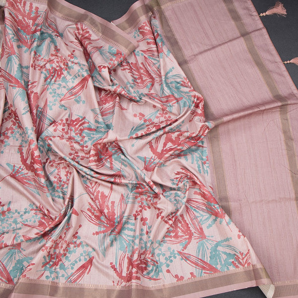 Raw Silk Baby Pink Leaf Printed Saree