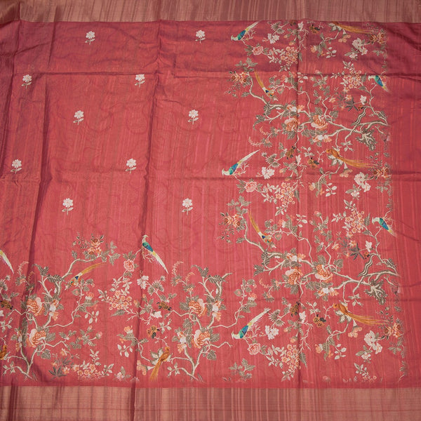 Raw Silk Reddish Pink Printed Saree In Tree Design
