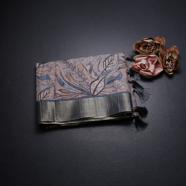 Raw Silk Light Brown Leaf Printed Saree
