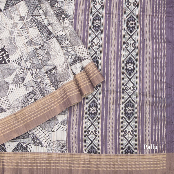 Raw Silk Cream Printed Saree 03