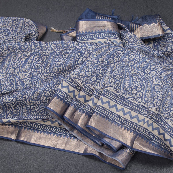 Pure Tussar Blue Floral Printed Saree 05