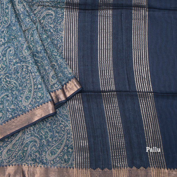 Pure Tussar Peacock Blue Floral Printed Saree