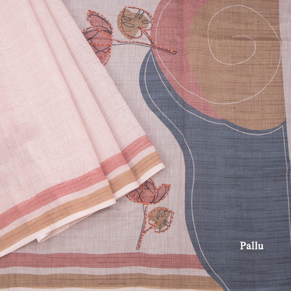 Semi Linen Light Brown Painted With Thread Work Saree