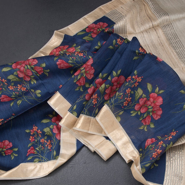 Pure Tussar Dark Blue Floral Printed Saree 03