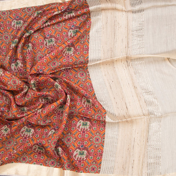 Raw Silk Orange Printed Saree