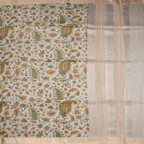 Pure Tussar Cream Leaf Printed Saree 02