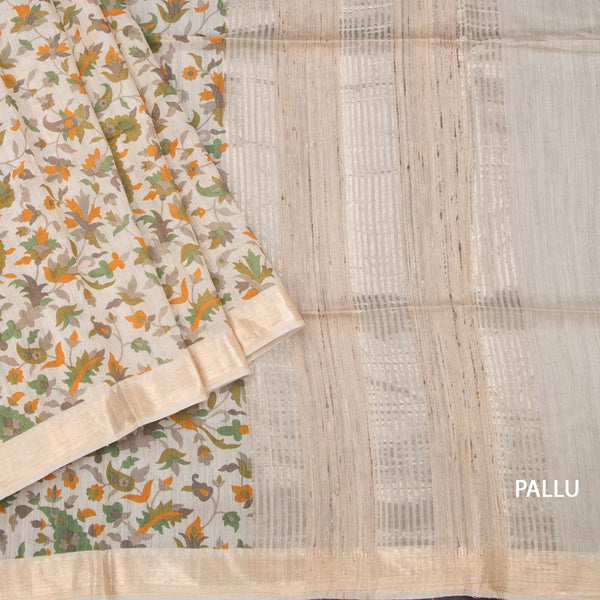 Pure Tussar Cream Leaf Printed Saree 02