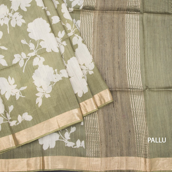 Pure Tussar Olive Green Floral Printed Saree