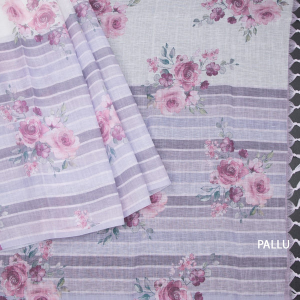 Semi Linen Cream Floral Printed Saree 08