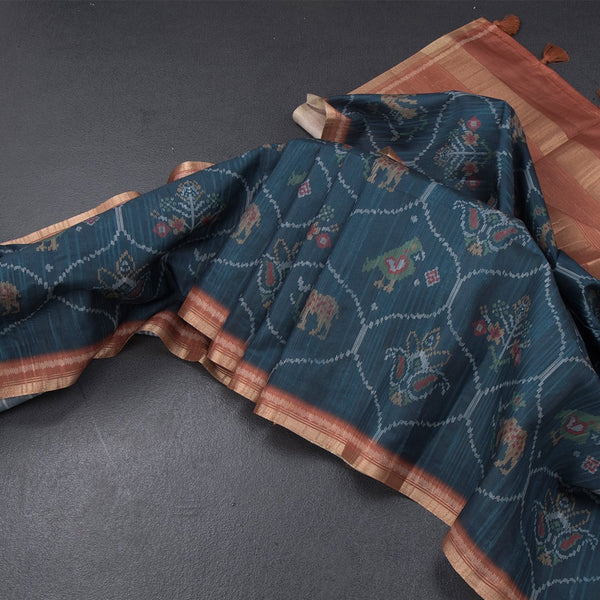 Raw Silk Dark Teal Blue Printed Saree