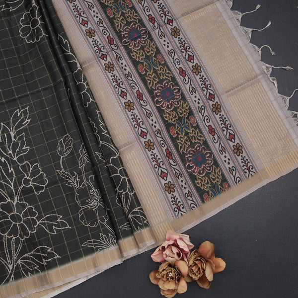 Raw Silk Dark Green Zari Checked With Printed Saree