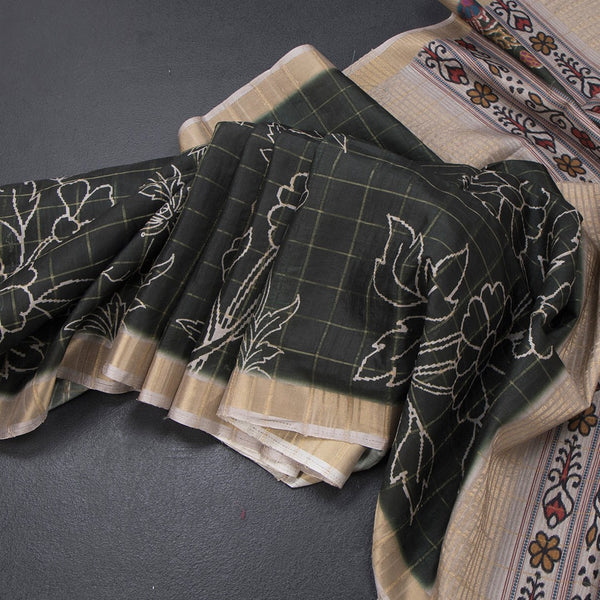 Raw Silk Dark Green Zari Checked With Printed Saree