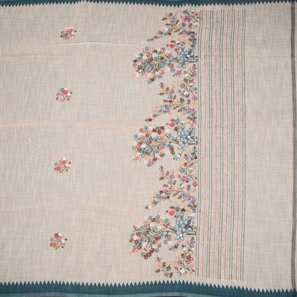 Linen Cream Floral Thread Work Saree 06