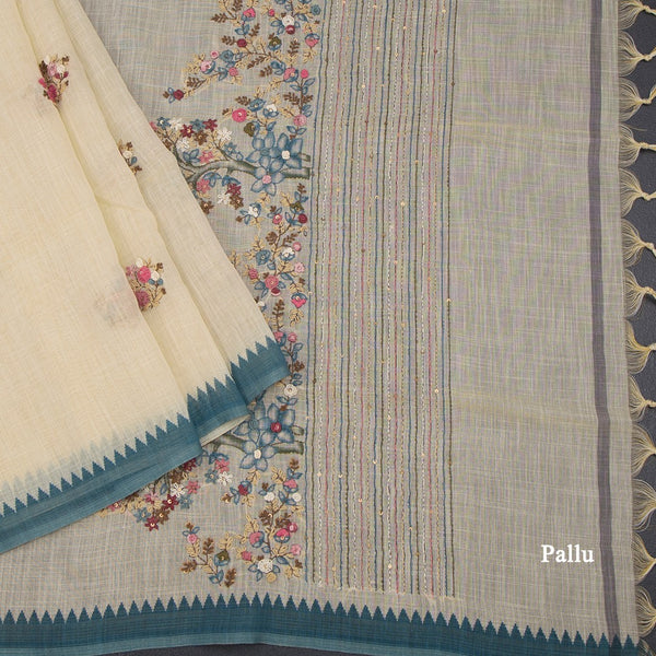 Linen Cream Floral Thread Work Saree 06