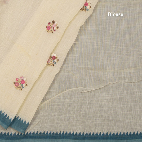 Linen Cream Floral Thread Work Saree 06
