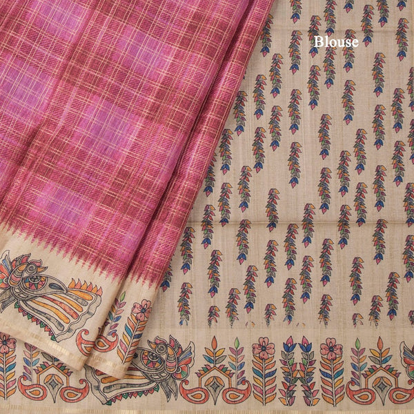 Raw Silk Taffy Pink Zari Checked Saree