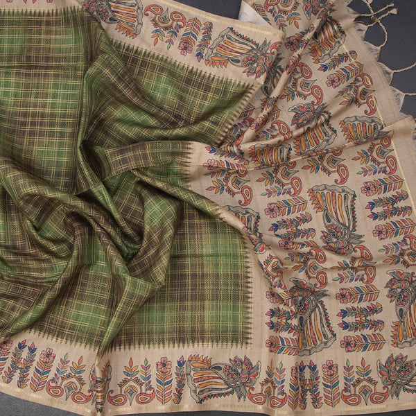 Raw Silk Olive Green Zari Checked Saree