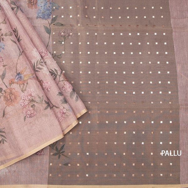 Raw Silk Light Brown Floral Printed Saree 02