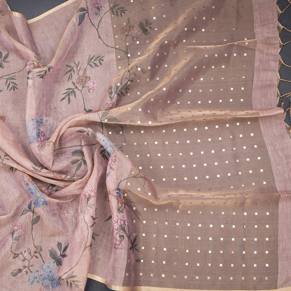 Raw Silk Light Brown Floral Printed Saree 02