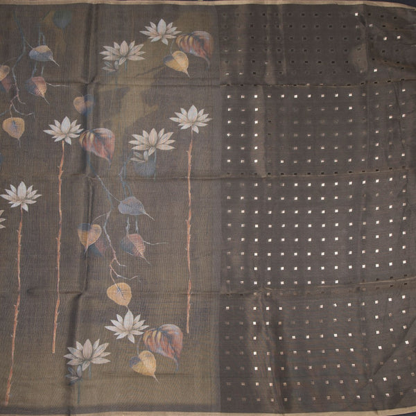 Raw Silk Dark Olive Green Floral Printed Saree