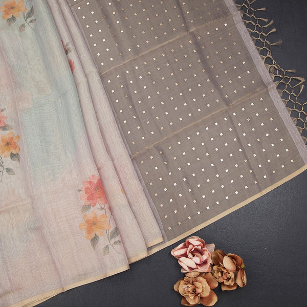 Raw Silk Cream Floral Printed Saree 09