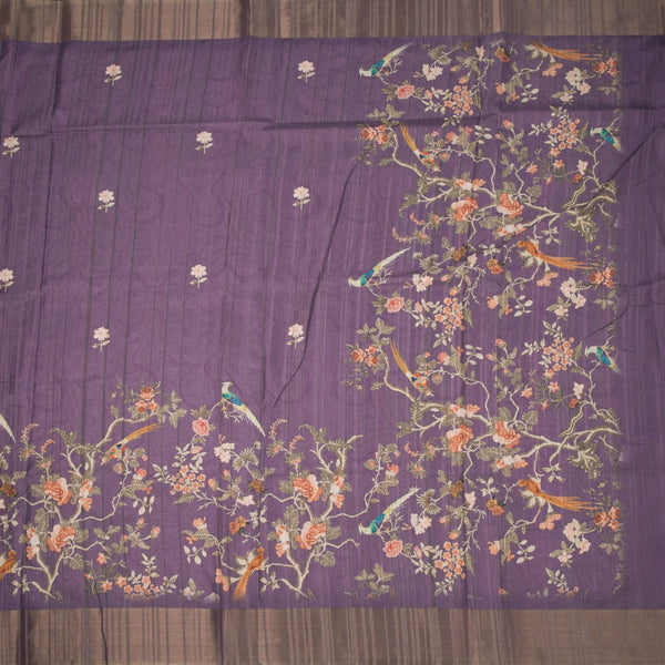 Raw Silk Purple Printed Saree In Tree Design