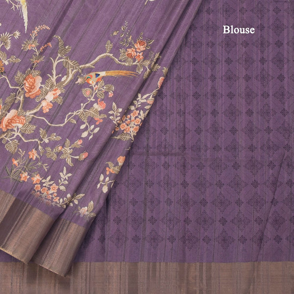 Raw Silk Purple Printed Saree In Tree Design