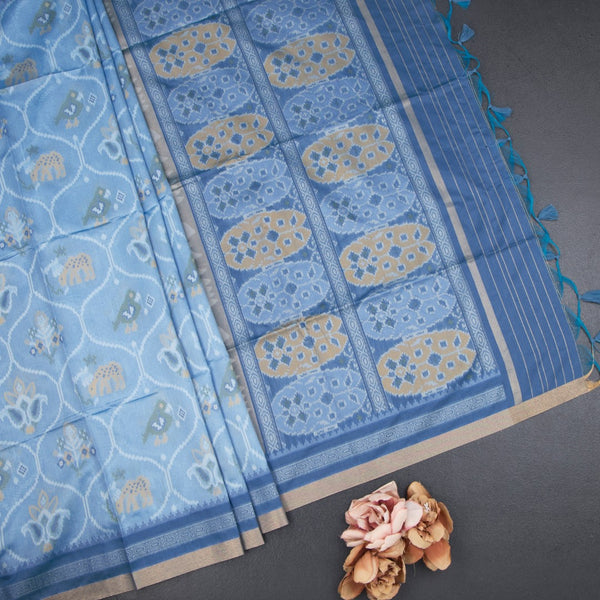 Raw Silk Light Blue Printed Saree