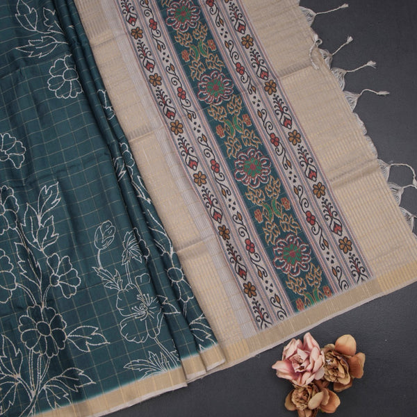 Raw Silk Teal Green Checked Printed Saree