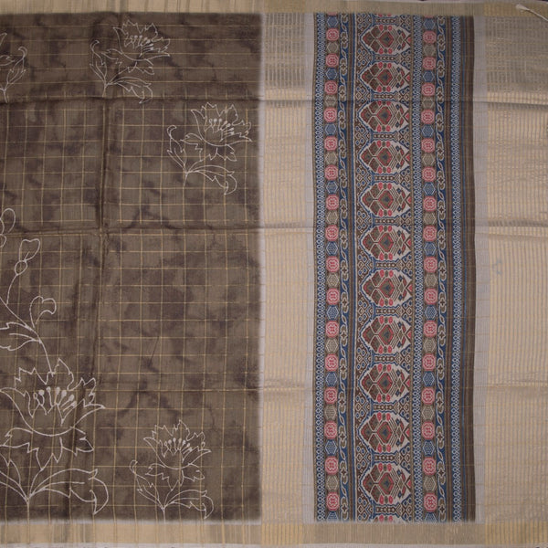 Raw Silk Olive Green Checked Printed Saree