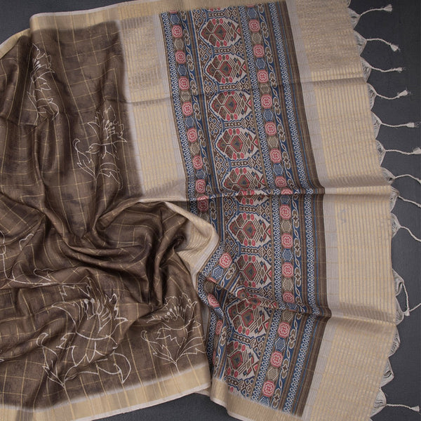 Raw Silk Olive Green Checked Printed Saree