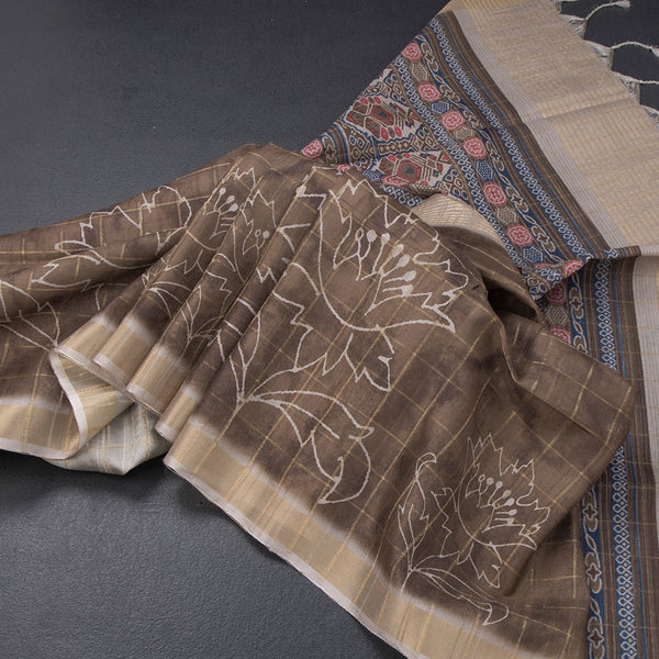 Raw Silk Olive Green Checked Printed Saree