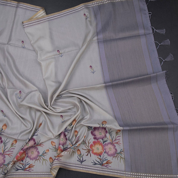 Raw Silk Grey Floral Printed Saree 06