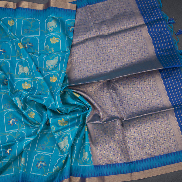 Raw Silk Peacock Blue Printed Saree 02