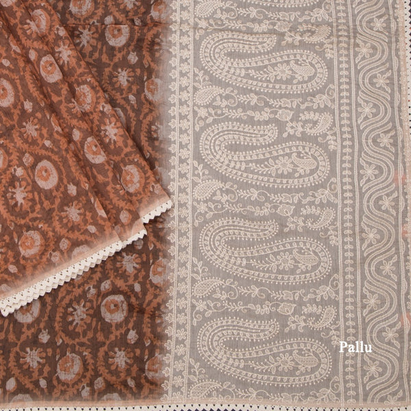 Chanderi Cinnamon Brown Printed Saree