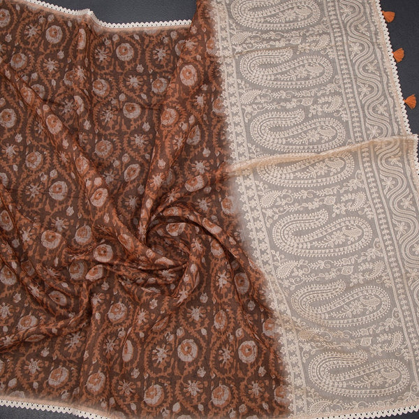 Chanderi Cinnamon Brown Printed Saree