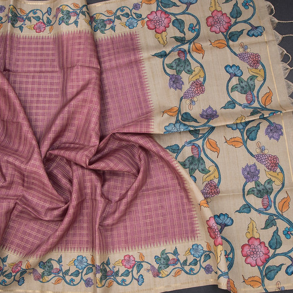Raw Silk Onion Pink Zari Checked Saree