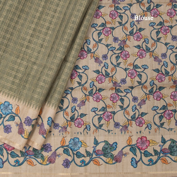 Raw Silk Olive Green Zari Checked Saree 02