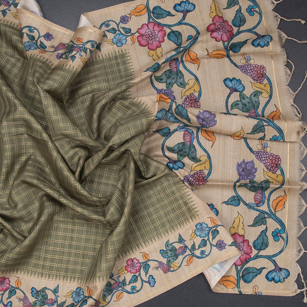 Raw Silk Olive Green Zari Checked Saree 02