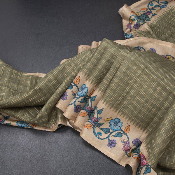 Raw Silk Olive Green Zari Checked Saree 02