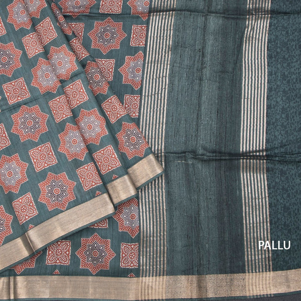 Pure Tussar Dark Green Printed Saree