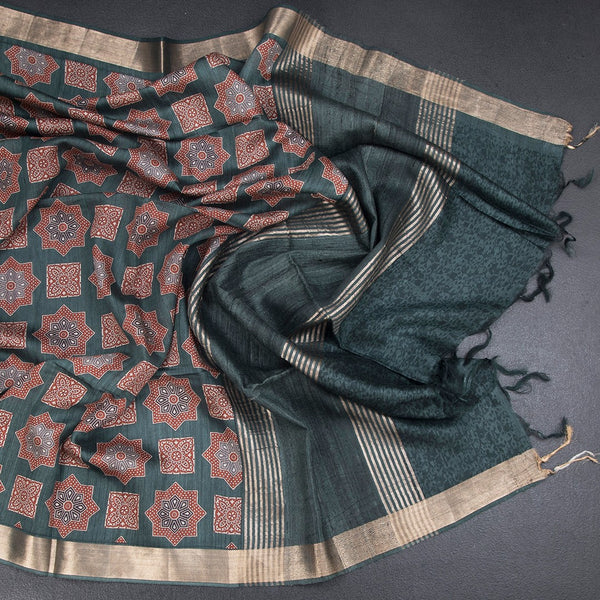 Pure Tussar Dark Green Printed Saree