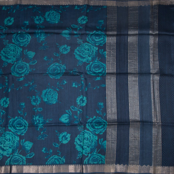 Pure Tussar Dark Blue Floral Printed Saree 04