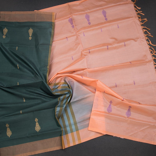 KSRTSR42103-5-Vaazhai-Naar-Dark-Green-Saree-With-Thread-Buttas-And-Contrast-Pallu-crush