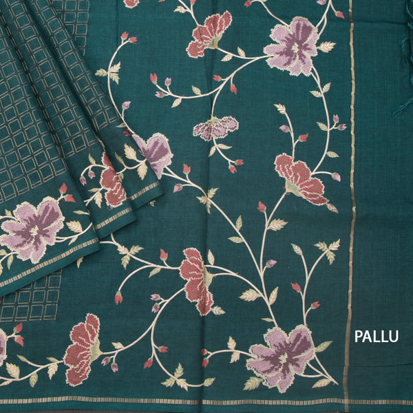 KSRTSR42217-3-Raw-Silk-Teal-Green-Zari-Checked-Saree-And-Floral-Thread-Border-pallu