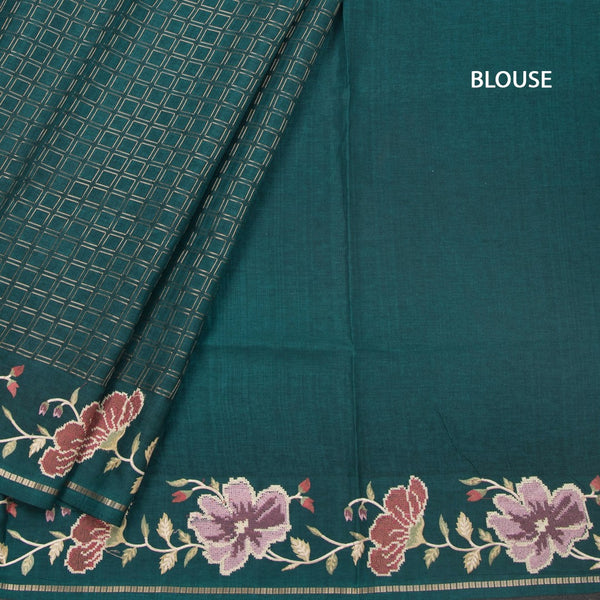 KSRTSR42217-4-Raw-Silk-Teal-Green-Zari-Checked-Saree-And-Floral-Thread-Border-blouse