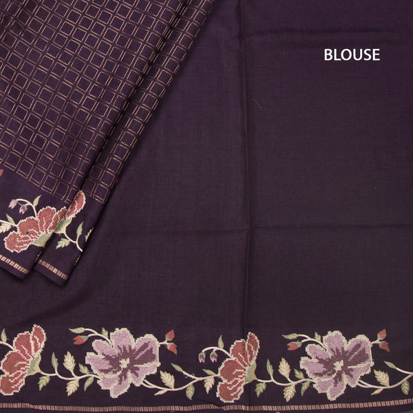 KSRTSR42219-4-Raw-Silk-Dark-Brown-Zari-Checked-Saree-And-Floral-Thread-Border-blouse