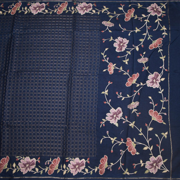 KSRTSR42220-2-Raw-Silk-Dark-Blue-Zari-Checked-Saree-And-Floral-Thread-Border-02-full-veiw